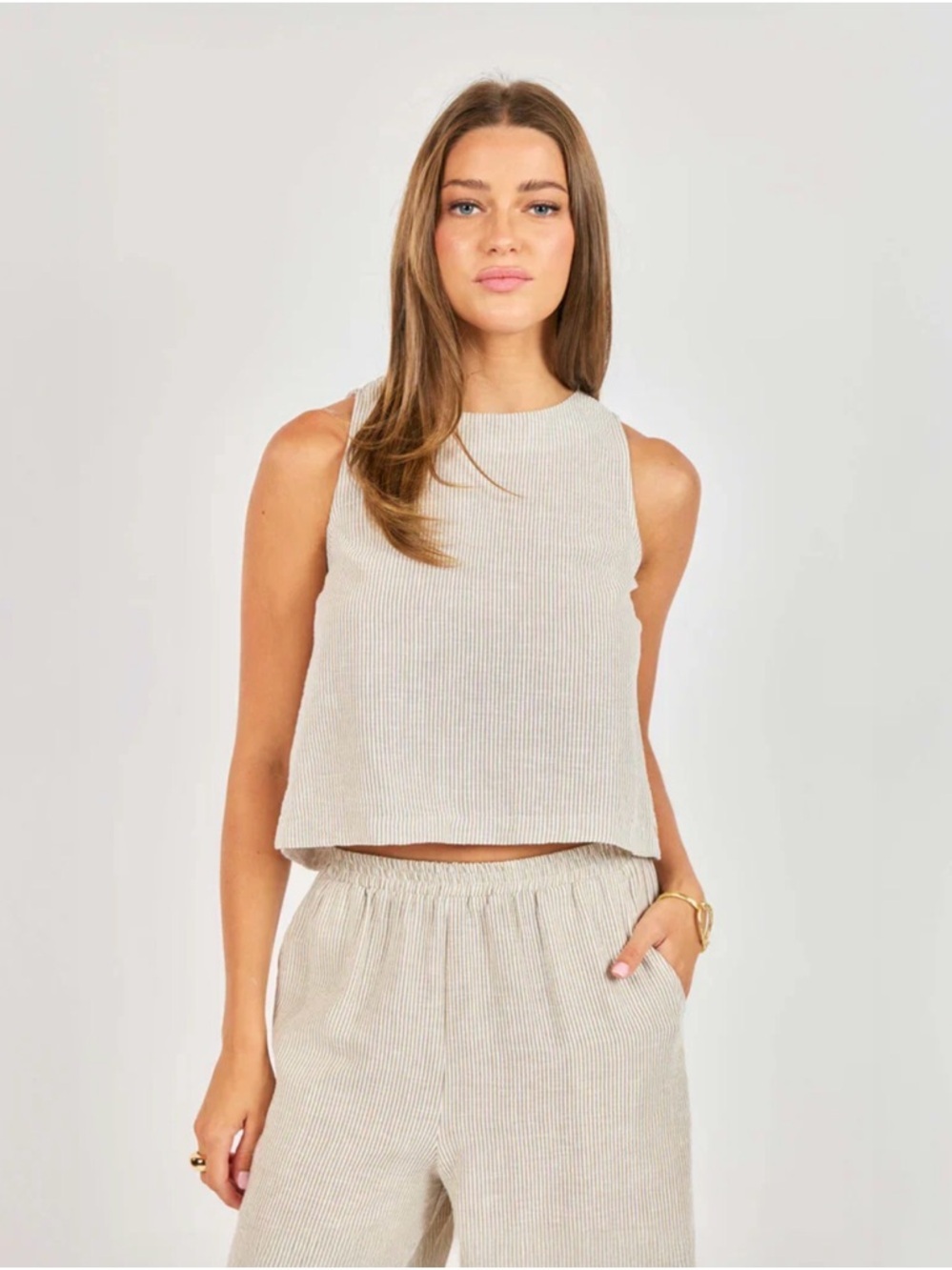 2 piece SET seersucker linen Tank shell button matching pants white brown stripe